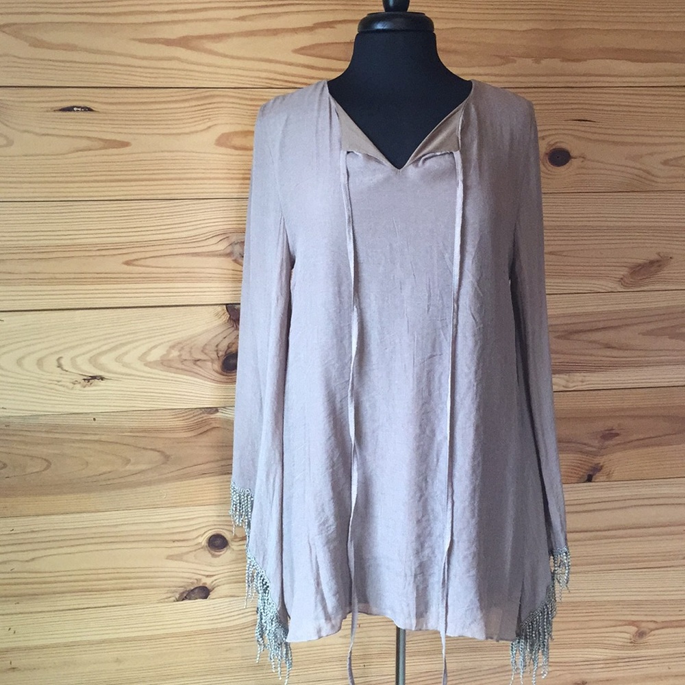 Shimmery Tunic with Bell Sleeves and Fringe